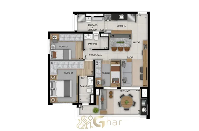 Planta do apartamento de 91 m² com 3 dormitórios e 1 suíte no High Line Tatuapé