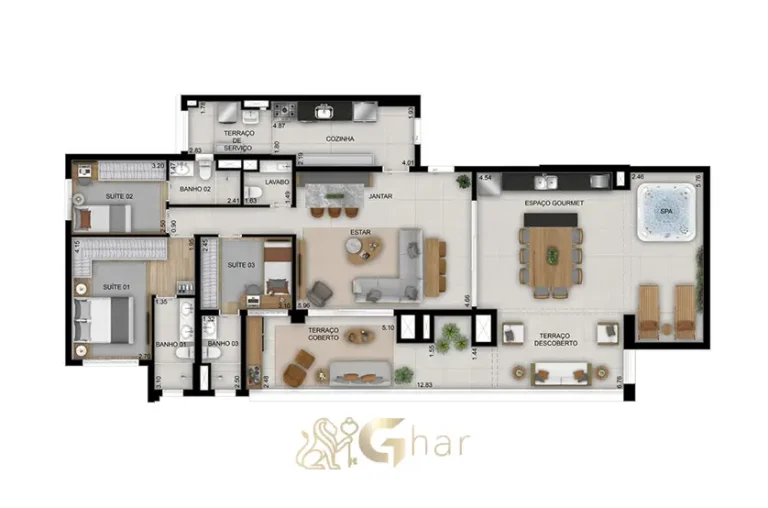 Planta da penthouse de 181 m² do High Line Tatuapé com 3 suítes e lavabo