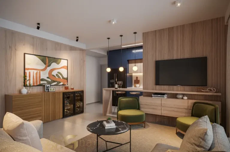 Sala de estar do apartamento decorado 110m² no Inspire Diálogo Home Resort