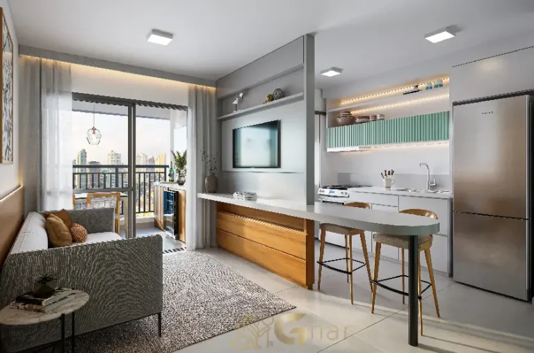 Sala living do apartamento decorado 64m² no Inspire Diálogo Home Resort