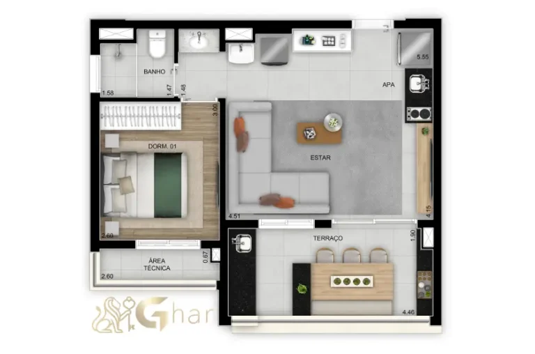 Planta apartamento 47m² com 1 dormitório e living ampliado no Inspire Diálogo Home Resort