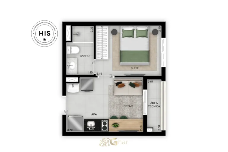 Planta apartamento 26m² com 1 suíte no Inspire Diálogo Home Resort em Pirituba
