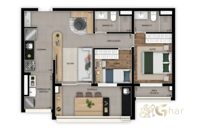 Planta apartamento 64m² com 2 dormitórios e 1 suíte no Inspire Diálogo Home Resort