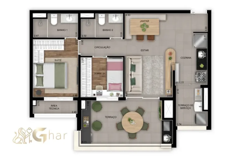 Planta apartamento 69m² com 2 dormitórios e 1 suíte no Inspire Diálogo Home Resort