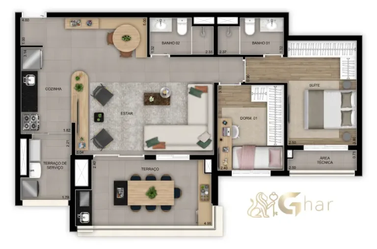Planta apartamento 84m² com 2 dormitórios e 1 suíte no Inspire Diálogo Home Resort
