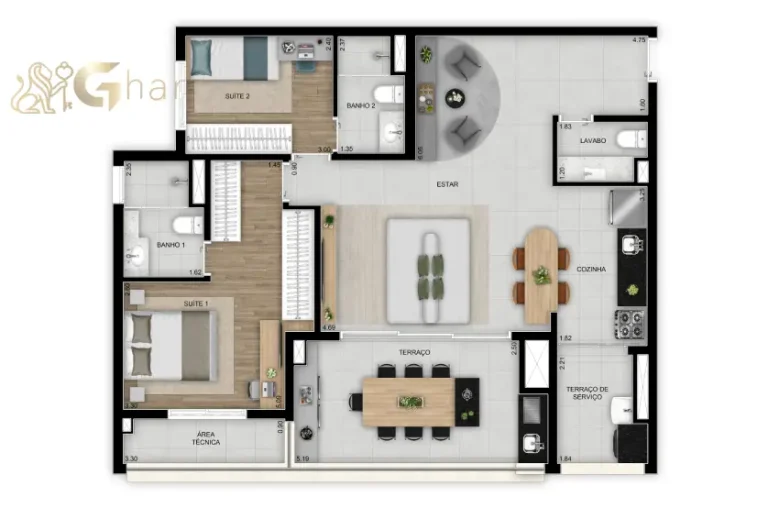 Planta apartamento 96m² com 2 dormitórios e 2 suítes no Inspire Diálogo Home Resort