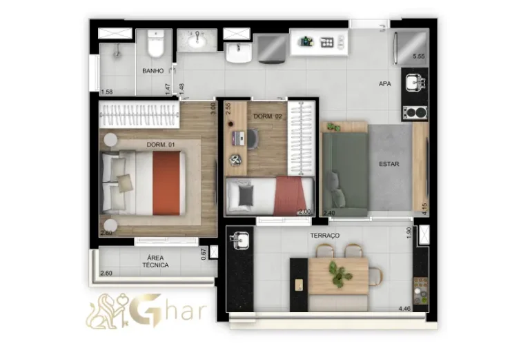 Planta apartamento 47m² com 2 dormitórios no Inspire Diálogo Home Resort em Pirituba