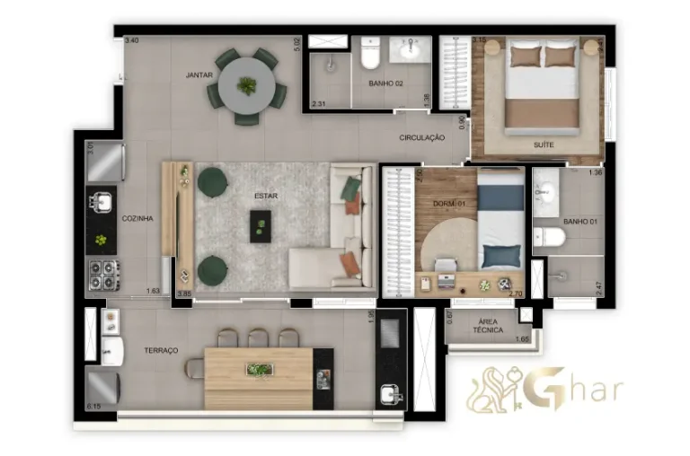 Planta apartamento 69m² com 2 dormitórios no Inspire Diálogo Home Resort em Pirituba