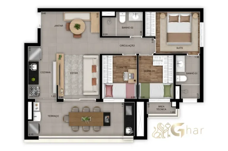 Planta apartamento 69m² com 3 dormitórios e 1 suíte no Inspire Diálogo Home Resort