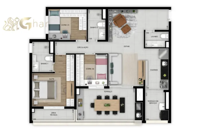 Planta apartamento 96m² com 3 dormitórios e 1 suíte no Inspire Diálogo Home Resort