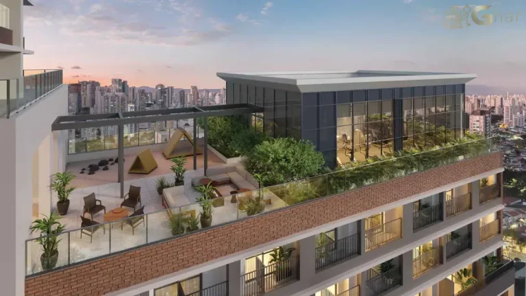 Praça aberta no 11º pavimento do Jota by Lindenberg Vila Mariana com área de convivência