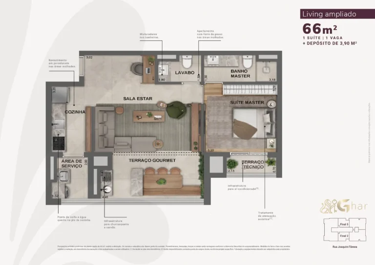 Planta de apartamento 66 m² com 1 suíte no Jota by Lindenberg Vila Mariana