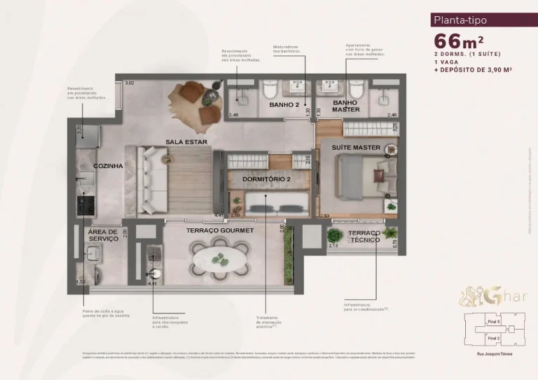 Planta de apartamento 66 m² com 2 dormitórios e 1 suíte no Jota by Lindenberg Vila Mariana