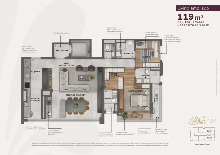 Planta de apartamento 119 m² com 2 suítes e living ampliado no Jota by Lindenberg Vila Mariana