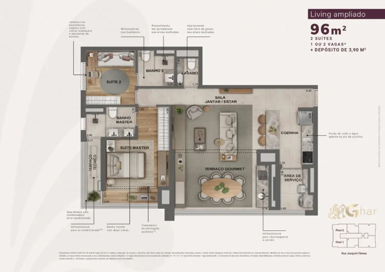 Planta de apartamento 96 m² com 2 suítes no Jota by Lindenberg Vila Mariana