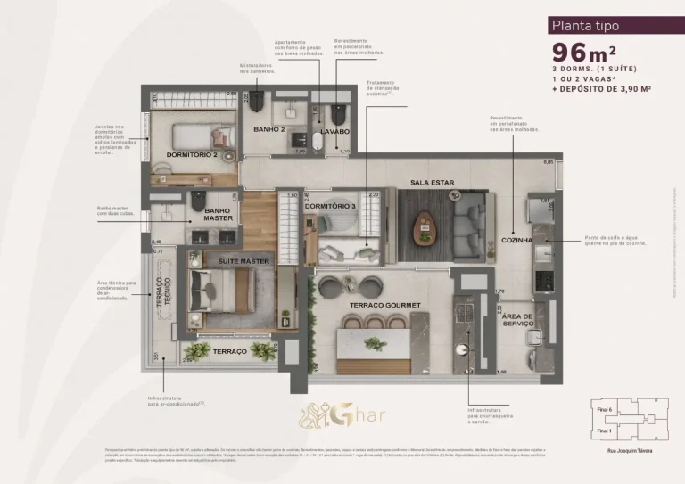 Planta de apartamento 96 m² com 3 dormitórios e 1 suíte no Jota by Lindenberg Vila Mariana
