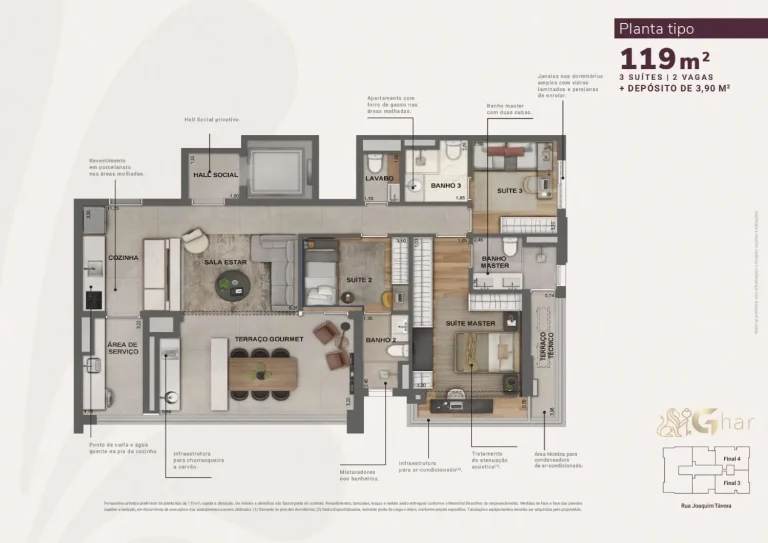 Planta de apartamento 119 m² com 3 suítes no Jota by Lindenberg Vila Mariana