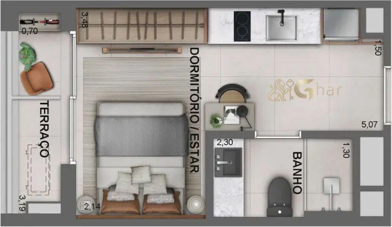 Planta do studio de 22m² no Jota Studios Vila Mariana