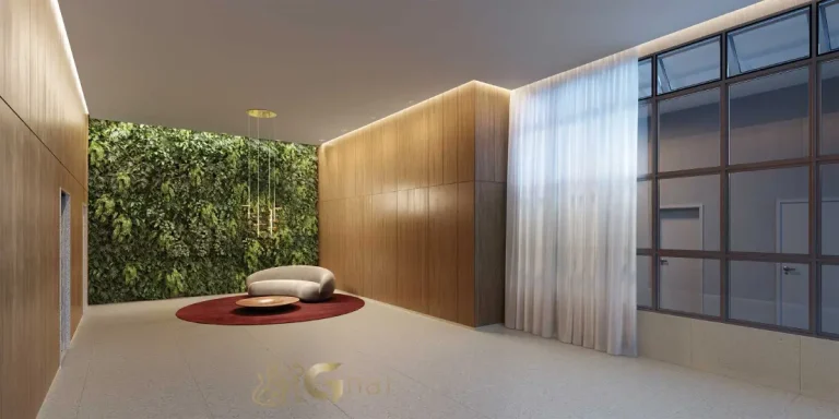 Lobby sofisticado do Lindenberg Alto das Nações em condomínio de luxo