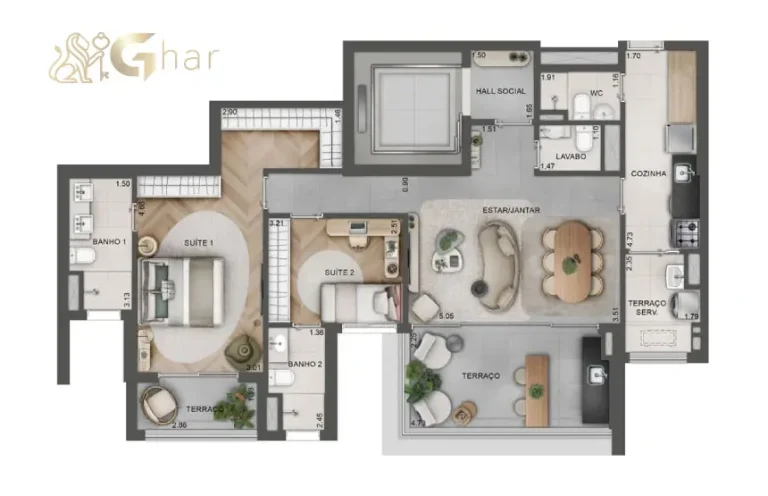 Planta do apartamento de 108 m² no Lindenberg Alto das Nações