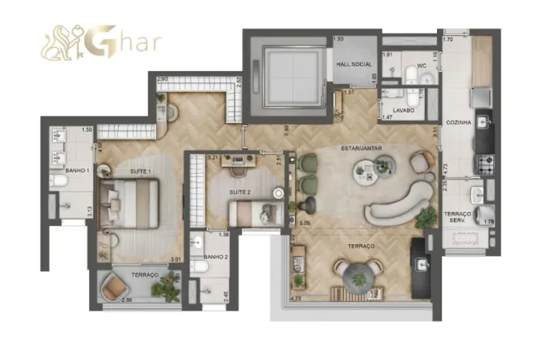 Planta opção do apartamento de 108 m² no Lindenberg Alto das Nações