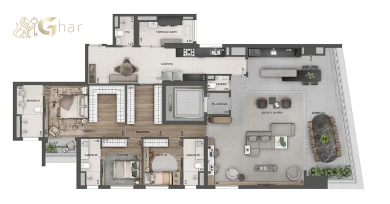 Planta opção do apartamento de 211 m² no Lindenberg Alto das Nações