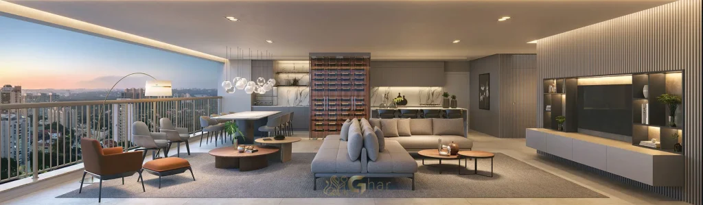 Terraço integrado às salas do apartamento decorado de 220 m² no Lindenberg Alto de Pinheiros