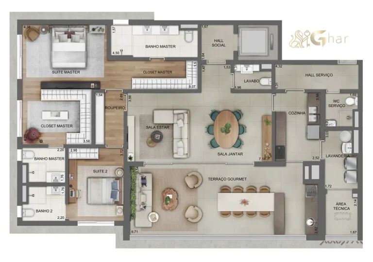 Planta de apartamento de 182 m² com 2 suítes integradas no Lindenberg Alto de Pinheiros