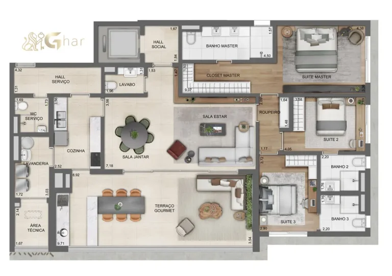 Planta de apartamento de 182 m² com 3 suítes no Lindenberg Alto de Pinheiros