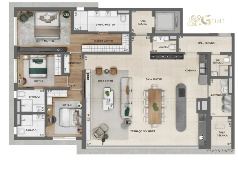 Planta de apartamento de 182 m² com 3 suítes no Lindenberg Alto de Pinheiros