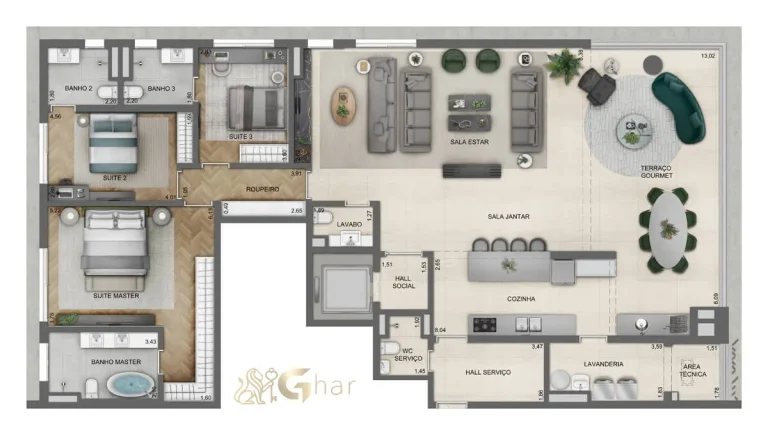Planta de apartamento de 220 m² com 3 suítes no Lindenberg Alto de Pinheiros