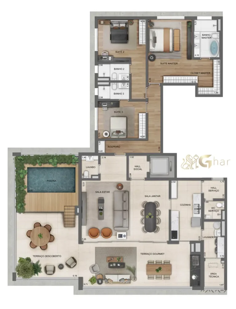 Planta de penthouse com 3 suítes no Lindenberg Alto de Pinheiros