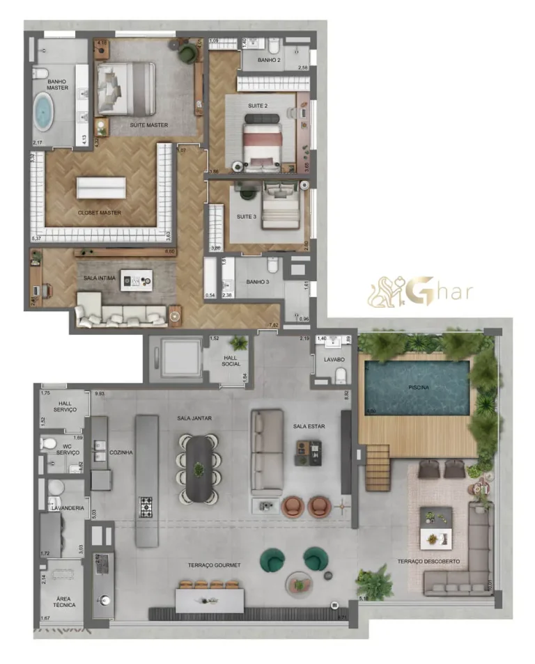 Planta alternativa de penthouse com 3 suítes no Lindenberg Alto de Pinheiros
