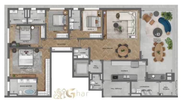 Planta de apartamento de 220 m² com 4 suítes no Lindenberg Alto de Pinheiros