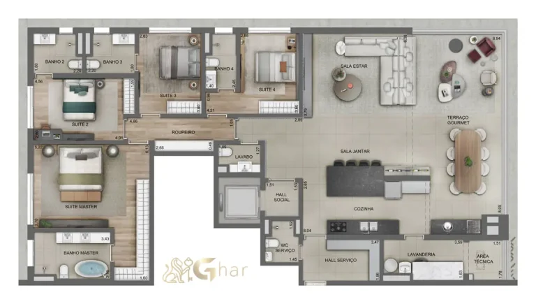 Planta de apartamento de 220 m² com 4 suítes no Lindenberg Alto de Pinheiros