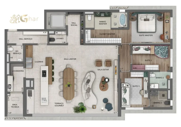 Planta do apartamento decorado de 182 m² no Lindenberg Alto de Pinheiros