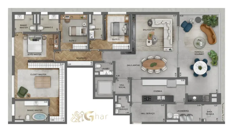 Planta de apartamento de 220 m² com suíte master integrada no Lindenberg Alto de Pinheiros