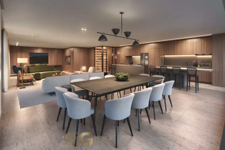 Living do apartamento decorado de 322 m² no Lindenberg Groenlândia 77 com ambientes amplos