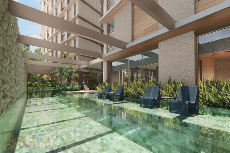 Piscina com deck molhado e solarium no Lindenberg Groenlândia 77 nos Jardins