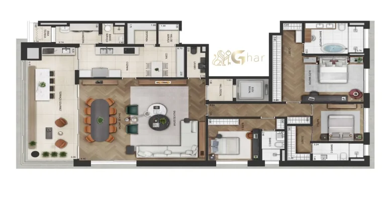 Planta alternativa do apartamento de 240 m² no Lindenberg Groenlândia 77 com excelente aproveitamento de espaço