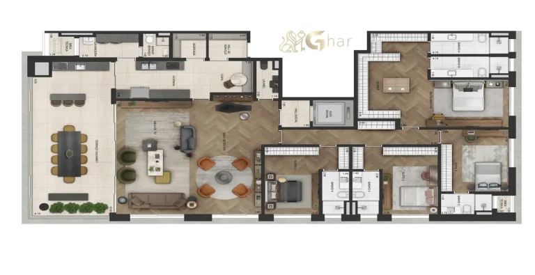 Planta do apartamento de 320 m² do Lindenberg Groenlândia 77 com suítes amplas e áreas integradas