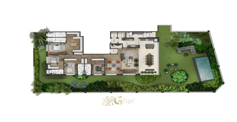 Planta do apartamento garden de 772 m² do Lindenberg Groenlândia 77 com metragem exclusiva nos Jardins