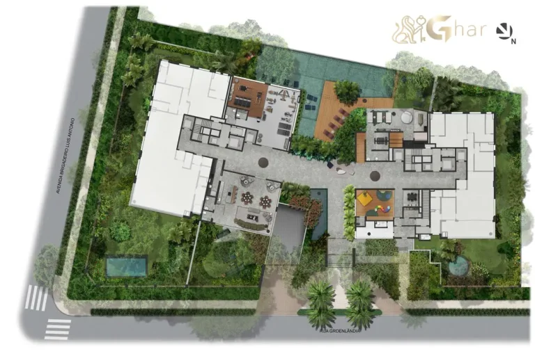 Planta de implantação do térreo do Lindenberg Groenlândia 77 com áreas comuns e acessos