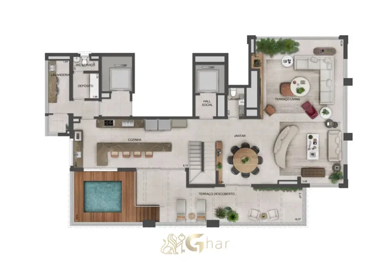 Planta do apartamento duplex inferior de 381 m² no Lindenberg Guarará