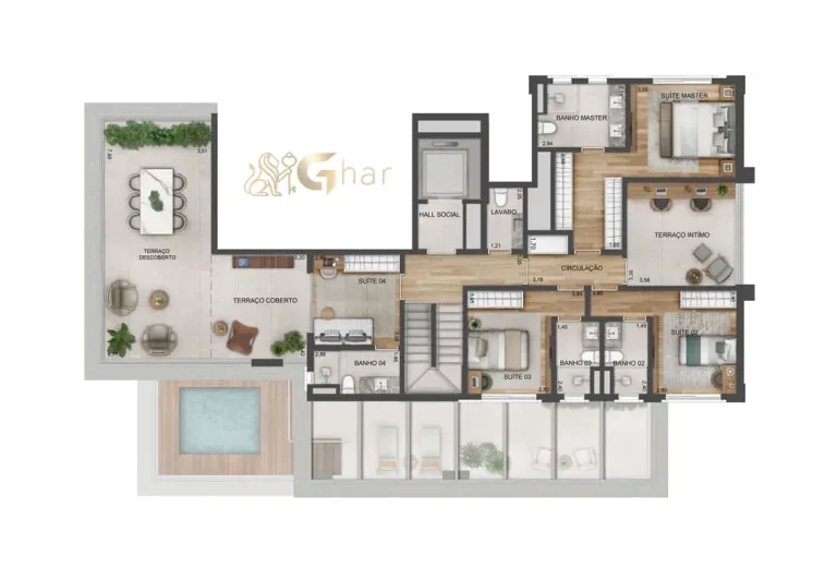 Planta do apartamento duplex superior de 381 m² no Lindenberg Guarará