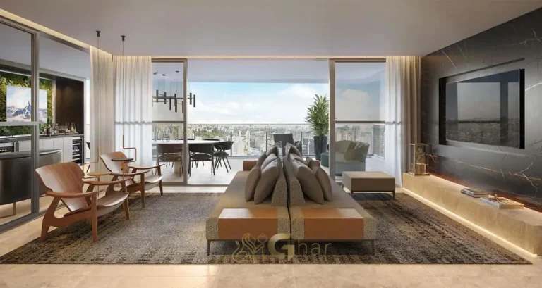 Sala e terraço do apartamento decorado de 281 m² no Lindenberg Ibirapuera