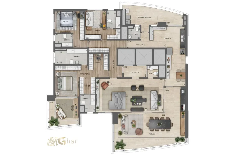 Planta do apartamento com 3 suítes e 281 m² no Lindenberg Ibirapuera