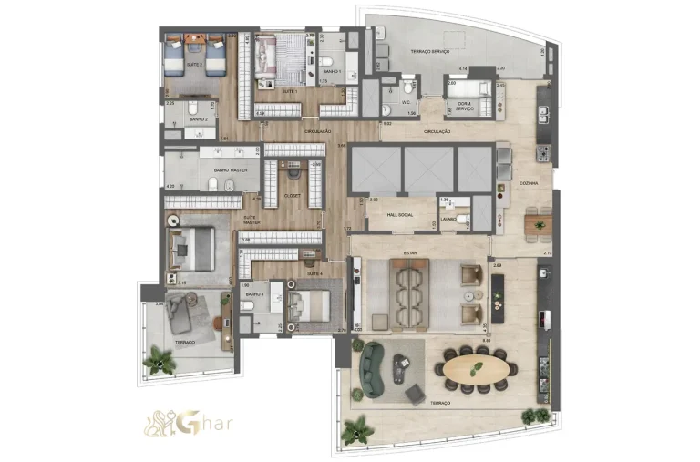 Planta do apartamento de 4 suítes com 281 m² no Lindenberg Ibirapuera