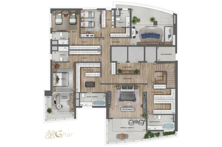 Planta do pavimento inferior do apartamento duplex de 565 m² no Lindenberg Ibirapuera