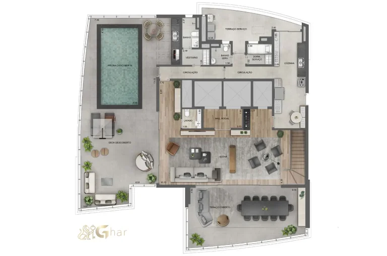 Planta do pavimento superior do apartamento duplex de 565 m² no Lindenberg Ibirapuera